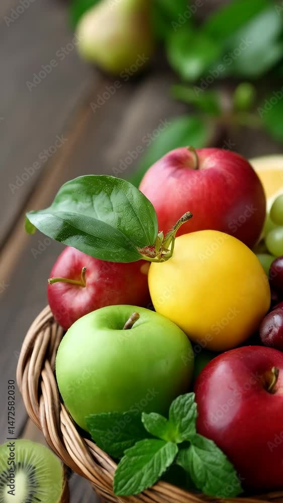 Fresh fruit assortment featuring apples, grapes, lemon, kiwi and cherries arranged in a woven basket with leaves on wooden table Fresh fruit assortment featuring apples, grapes, lemon, kiwi and cherries arranged in a woven basket with leaves on wooden table