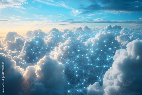 An aerial view of fluffy white clouds with a faint network of data connections revealed, A vast expanse of clouds revealing hidden data streams and connections