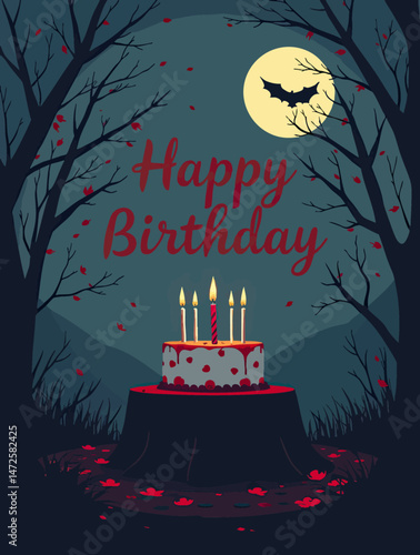 a happy birthday card with a cake and bats in the woods