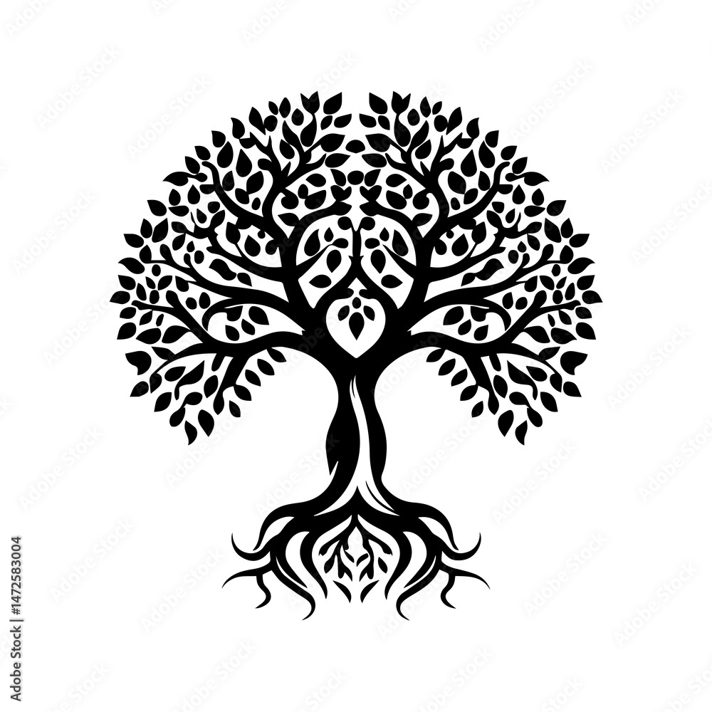 Fototapeta premium Tree of Life Silhouette: A powerful symbol of growth, resilience, and interconnectedness, this intricate tree of life silhouette boasts a heart-shaped canopy and deep, intertwined roots.