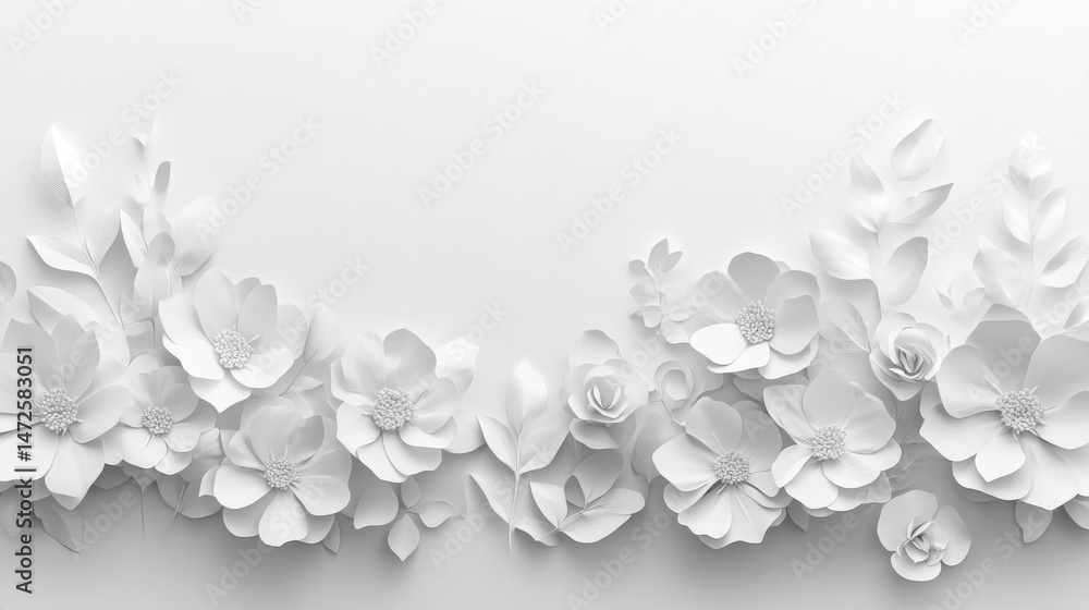 White Paper Flowers Border on Textured White Background White Paper Flowers Border on Textured White Background