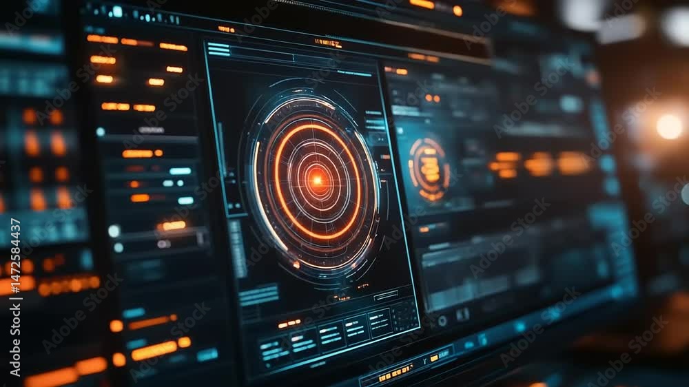 Futuristic interface with glowing circular display and data panels Futuristic interface with glowing circular display and data panels