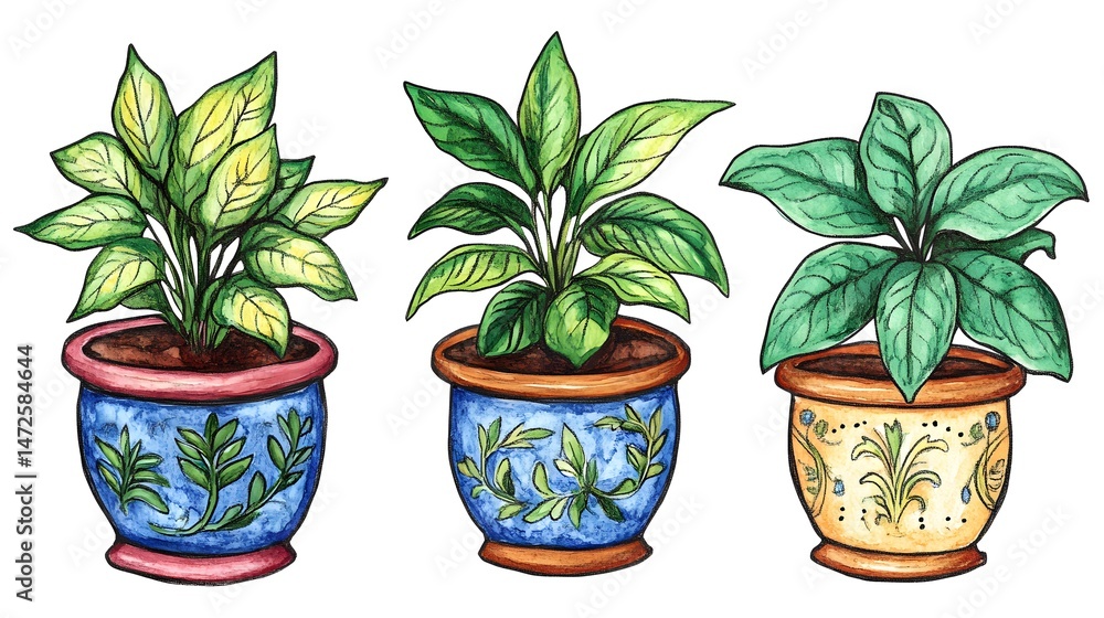 Obraz premium Adorable Hand-Drawn Houseplants in Cute Pots Infusing Whimsical Charm into Home Interiors
