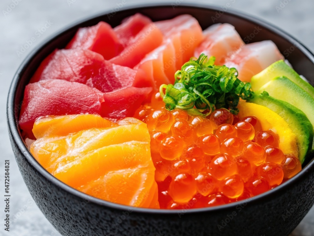 Seafood bowl with avocado and roe Seafood bowl with avocado and roe