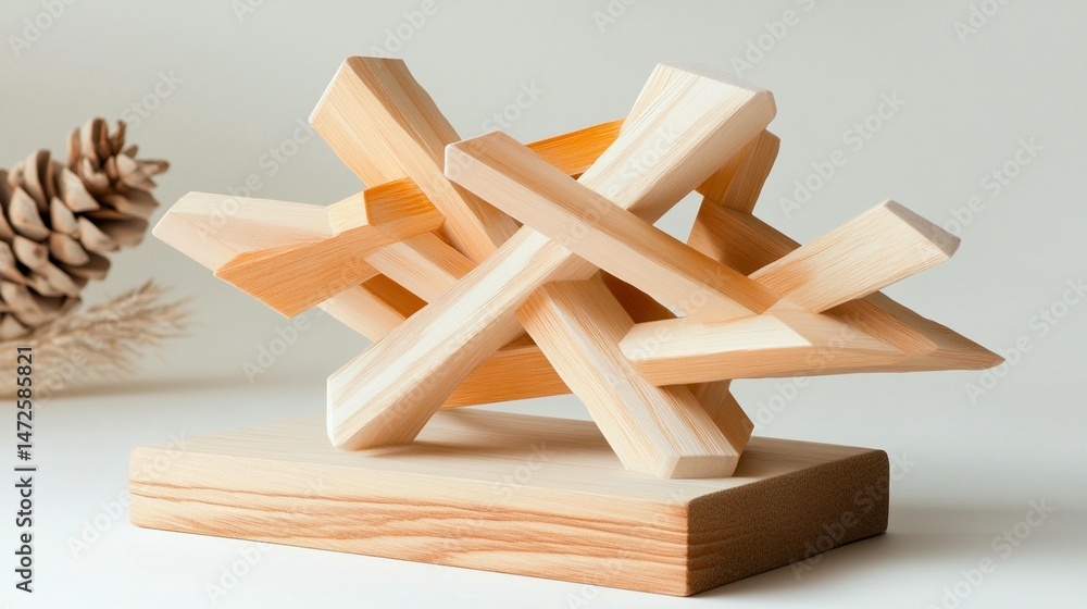 Abstract wooden sculpture, composed of intersecting, light-colored wooden beams on a rectangular base Abstract wooden sculpture, composed of intersecting, light-colored wooden beams on a rectangular base
