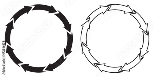 Recycled arrow circle vector icon set. Loop arrows, recycle and reuse symbol.
