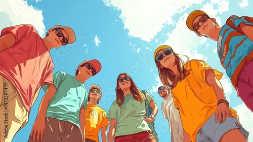 summer, holidays, vacation, happy people concept - group of teenagers looking down illustration , no logos, no brands