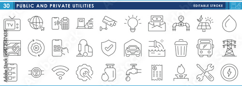 A set of line icons related to public and private utilities. Water, electricity, bill, garage, repair, maps, payment, security, and so on. Vector editable stroke.