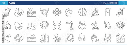 A set of line icons related to Pain. Pain and ache on different parts of the body. Vector editable stroke.