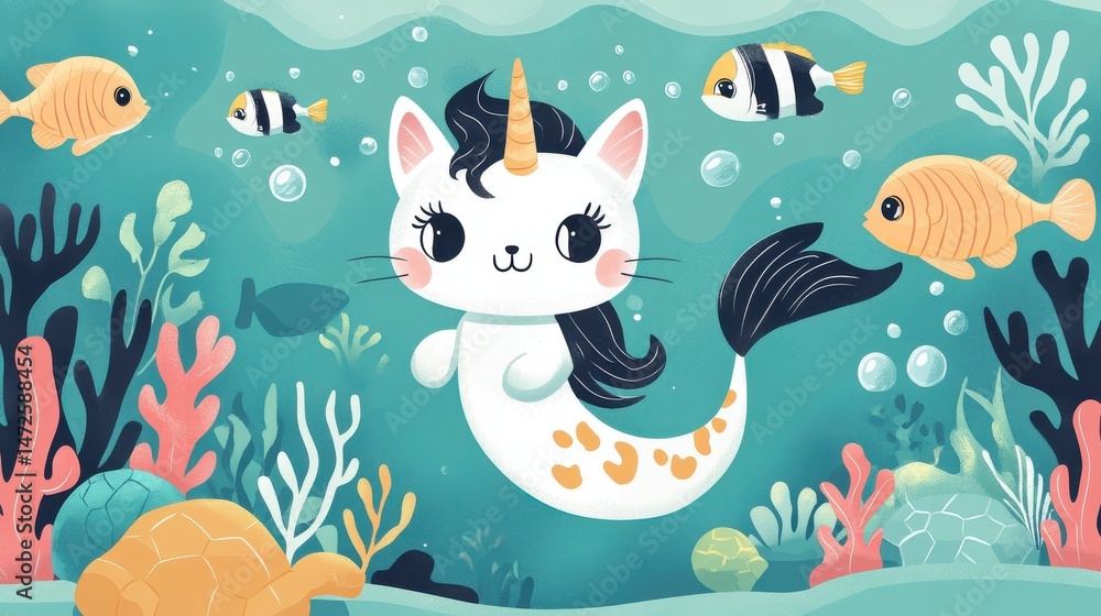 Obraz premium Sea cartoon unicorn. Mermaid character, fish and seahorse. Cartoon cat with mermaids tail, underwater turtle and creature. Mythical nowaday vector sea kit illustration , no logos, no brands