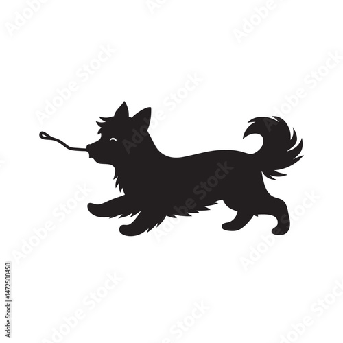 Yorkshire Terrier Running With Stick Silhouette