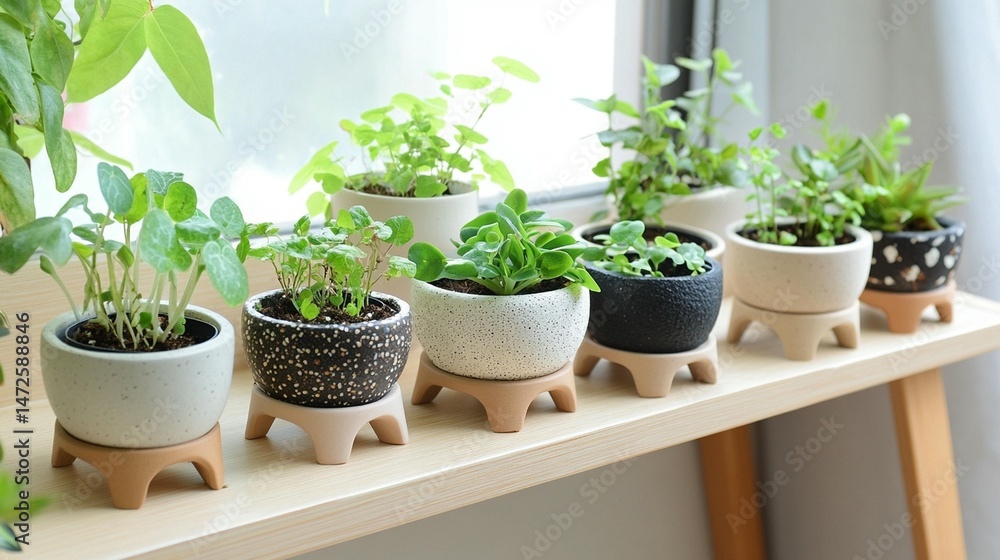 Assorted small potted plants on a light wooden shelf by a window. Various types of greenery in different colored and patterned ceramic pots Assorted small potted plants on a light wooden shelf by a window. Various types of greenery in different colored and patterned ceramic pots