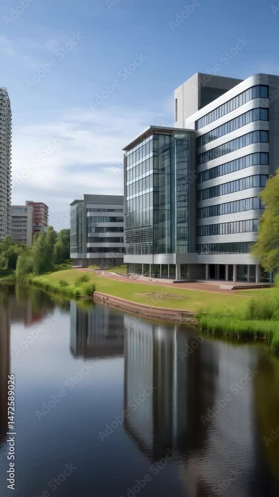 Modern glass office buildings mirrored in calm waters, surrounded by green grass and trees on a bright, sunny day. Serene corporate landscape. Modern glass office buildings mirrored in calm waters, surrounded by green grass and trees on a bright, sunny day. Serene corporate landscape.