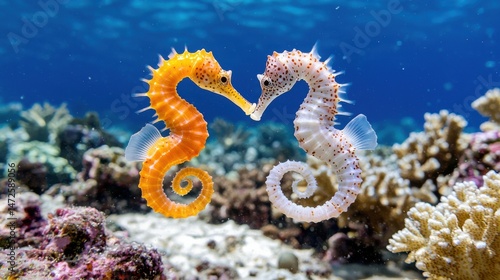 Two Seahorses Kissing Underwater Coral Reef