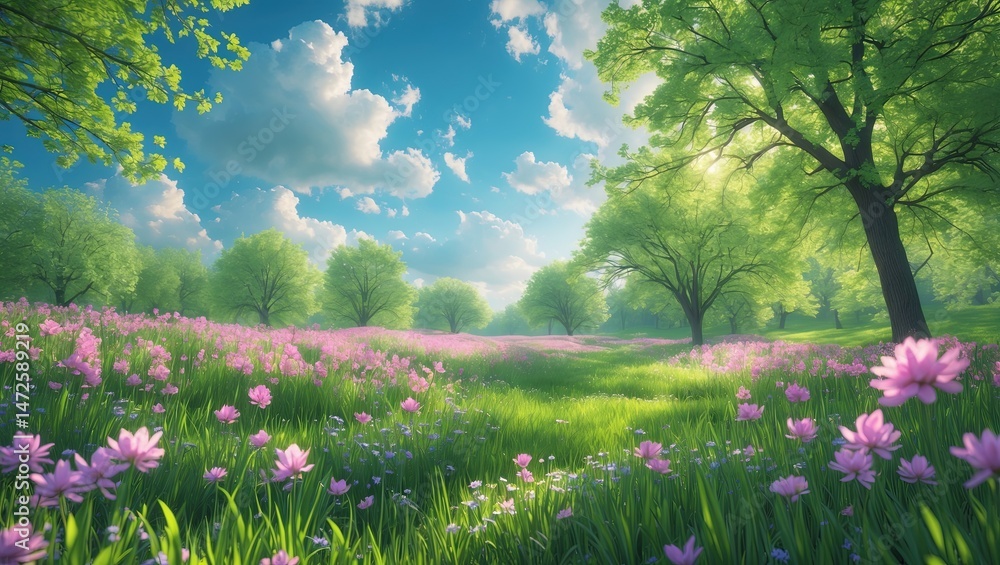 Fototapeta premium Spring park landscape with blooming flowers and trees
