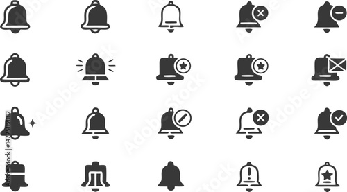 Collection of bell icons: An assortment of bell icons, each with a unique design, showcased in a grid arrangement against an unobtrusive background.