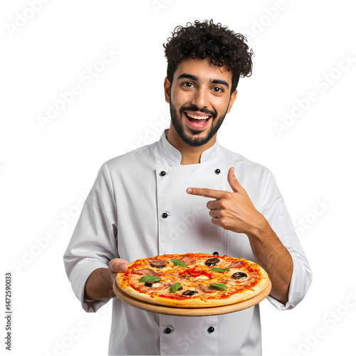 Happy Pizza Chef Holding Delicious Pizza Food Photography isolated on transparent background