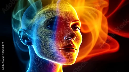 Abstract profile of a luminous, textured head, with contrasting cool and warm colors and swirling energy