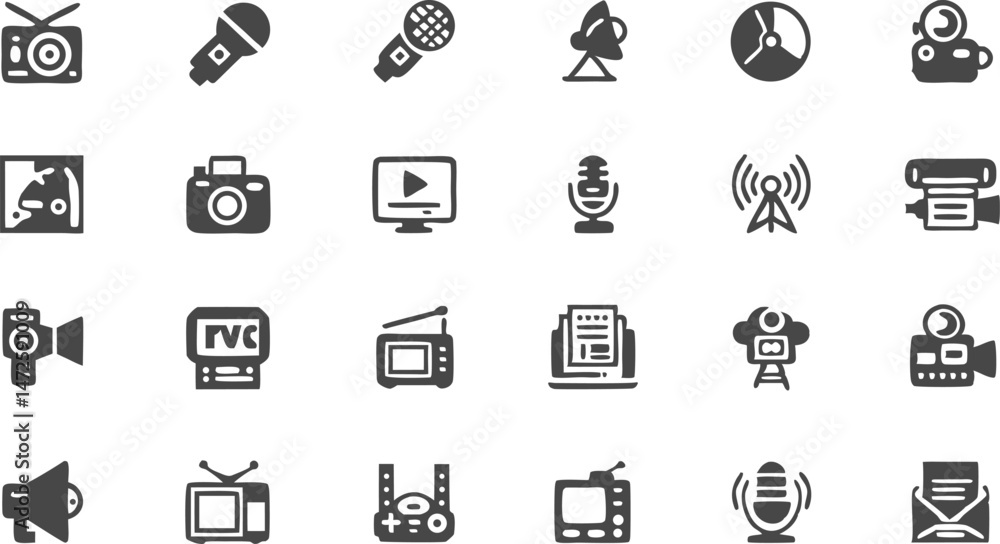 Fototapeta premium Media Icon Set: A comprehensive collection of media icons is presented in a clean, minimalist style, perfect for digital interfaces and communication design.