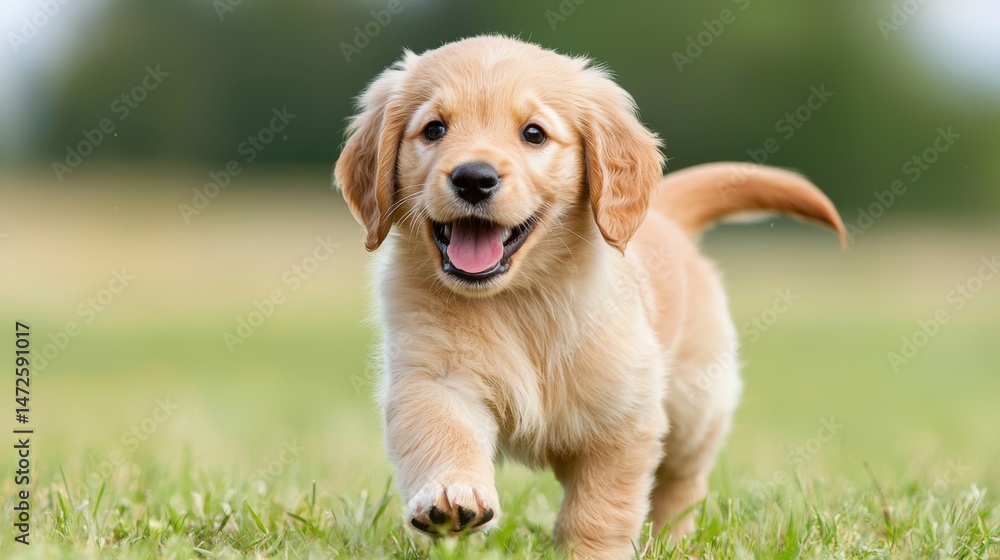 Fototapeta premium Adorable Golden Retriever Puppy Running in Grass