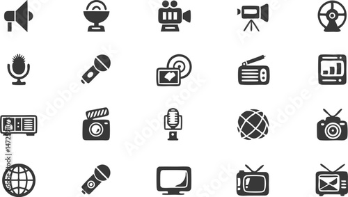 Mass Media Icons: A comprehensive collection of mass media icons, including television, radio, camera, microphone, loudspeaker, and global network symbols, perfect for news, broadcasting.