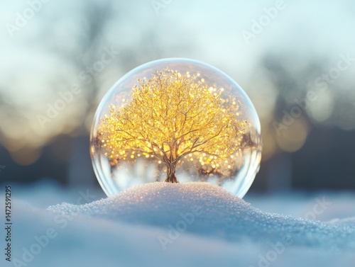 Golden tree in a snow globe