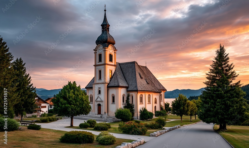 Fototapeta premium Church basks in sunset glow