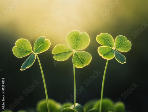 Three leaf clovers lit by sun