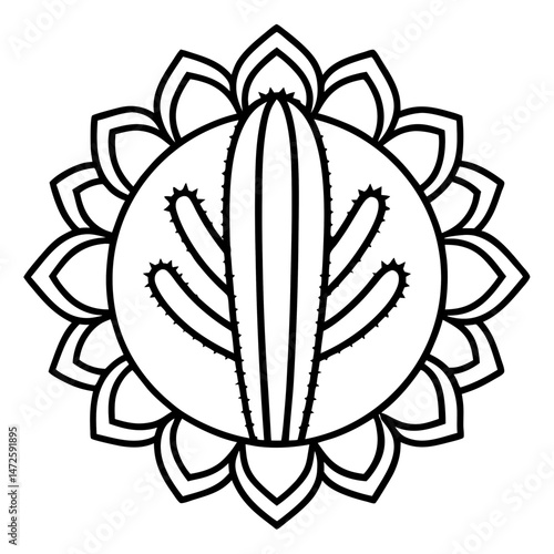 Minimal Desert Cactus Mandala Vector on White