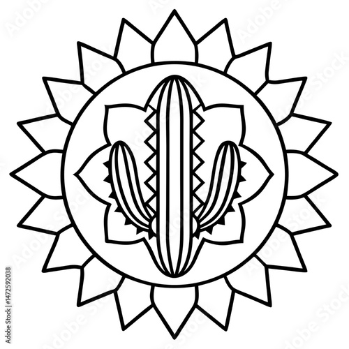 Minimal Desert Cactus Mandala Vector on White