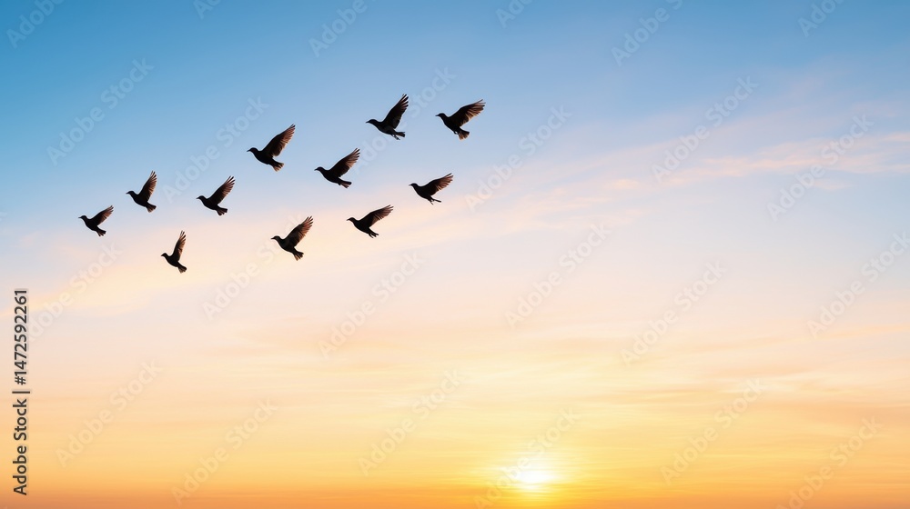 Fototapeta premium Birds Flying Sunset Silhouette, Freedom Concept