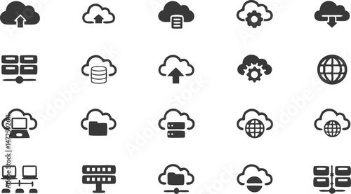 Digital Cloud Icons: A collection of detailed digital cloud icons. Ideal for illustrating concepts related to cloud computing, data storage, internet, and technology.