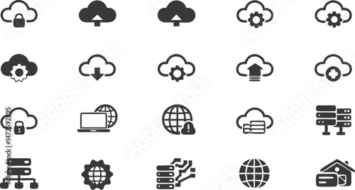 Cloud Icons: Collection of cloud-themed icons representing data storage, internet, technology, and network concepts. These minimalist graphic elements are versatile for digital projects.