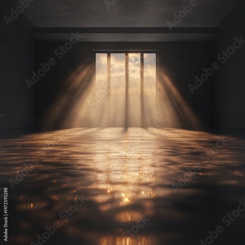 Light streams through window in empty room