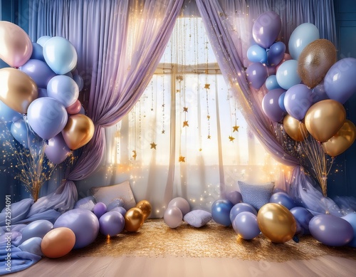 Festive Birthday Balloons Decorated Room with Sheer Curtains and Golden Floor