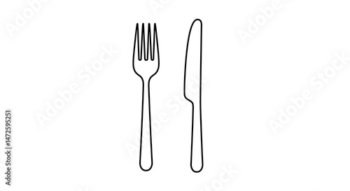 Fork and Knife Simple Line Art on White Background