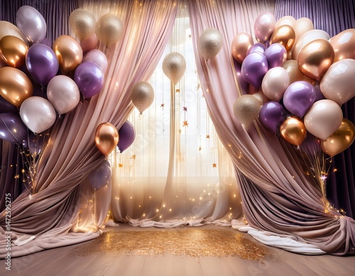 Festive Birthday Background Elegant Purple and Gold Balloons Draped near Sheer Curtains with Sparkling Floor