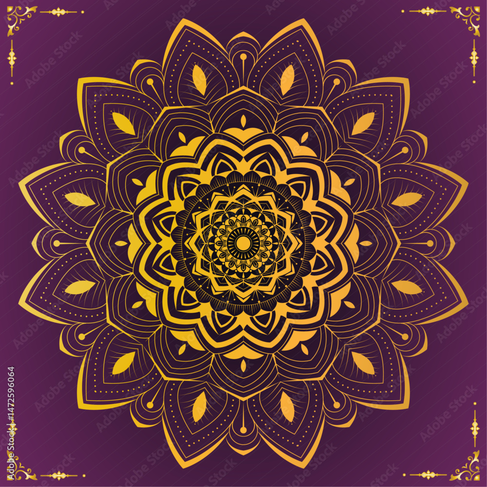 Mandala Pattern with Ornamental Symmetry | Creative Decorative Mandala Artwork with Symmetrical Floral Details for Zen Art, Home Decor, Stationery, Card with dark magenta background with golden shape Mandala Pattern with Ornamental Symmetry | Creative Decorative Mandala Artwork with Symmetrical Floral Details for Zen Art, Home Decor, Stationery, Card with dark magenta background with golden shape