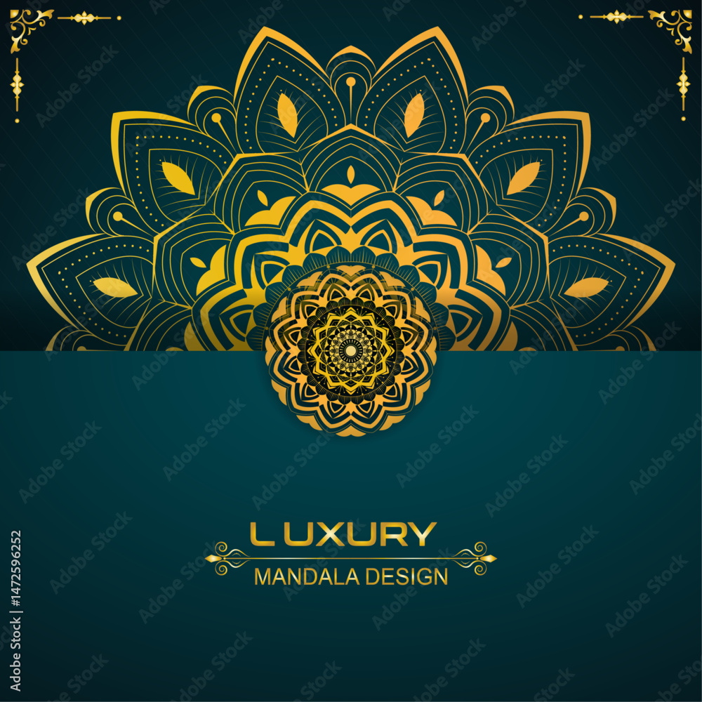 Mandala Pattern with Ornamental Symmetry | Creative Decorative Mandala Artwork with Symmetrical Floral Details for Zen Art, Home Decor, Stationery, Card with golden shape and teal background Mandala Pattern with Ornamental Symmetry | Creative Decorative Mandala Artwork with Symmetrical Floral Details for Zen Art, Home Decor, Stationery, Card with golden shape and teal background