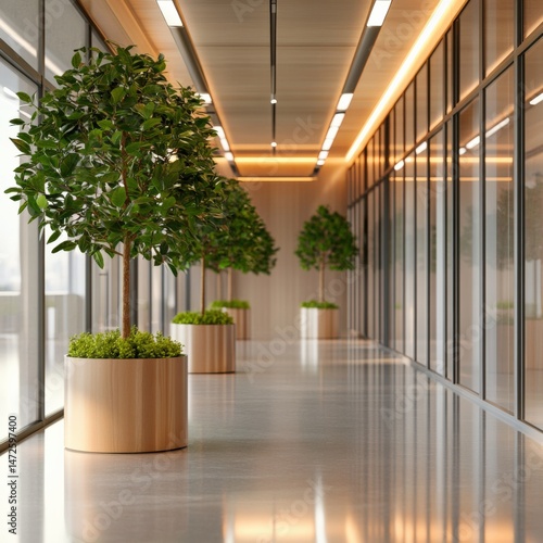 Hallway with potted trees