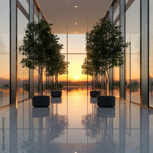 Trees in corridor at sunset