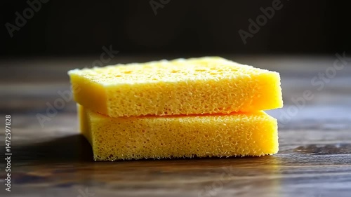 Yellow Household Sponges Stacked Creatively on a Rustic Dark Wooden Surface