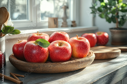 Bowl of apples on wooden table.