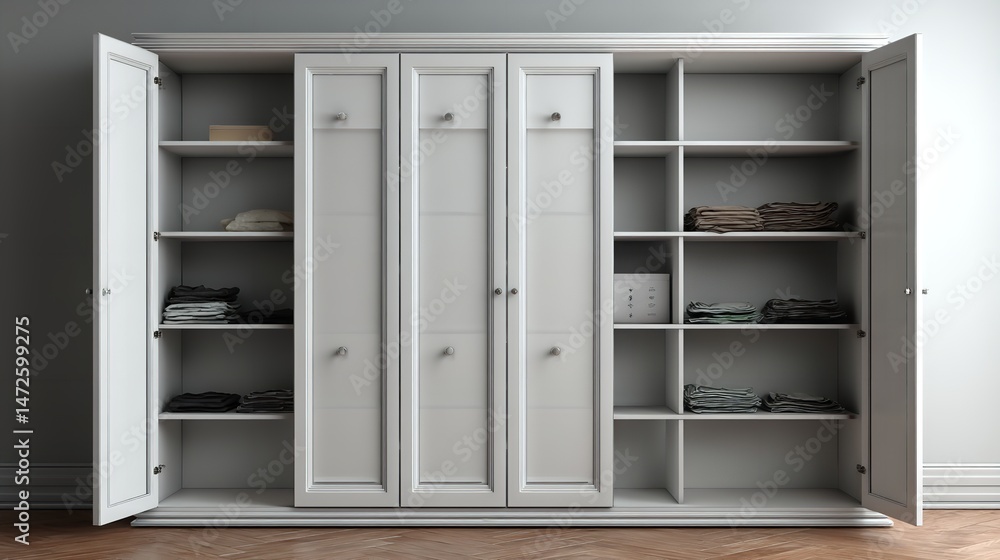 Modern empty closet design with white shelving and doors, front-facing 3D rendering for use in home renovation, organization, or furniture layout presentations Modern empty closet design with white shelving and doors, front-facing 3D rendering for use in home renovation, organization, or furniture layout presentations