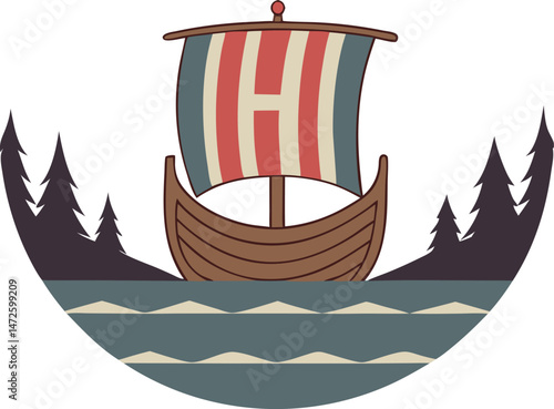A longship sailing on a calm sea surrounded by forest creates a serene scene