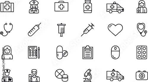 Healthcare Icons: A detailed collection of vector medical icons, offering versatility for various projects, perfect for showcasing healthcare elements.