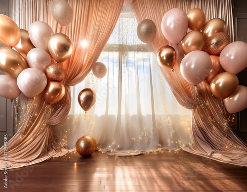 Elegant Rose Gold Balloons Decorating a Room with Sheer Curtains and Wooden Floor Perfect for Birthdays or Anniversaries