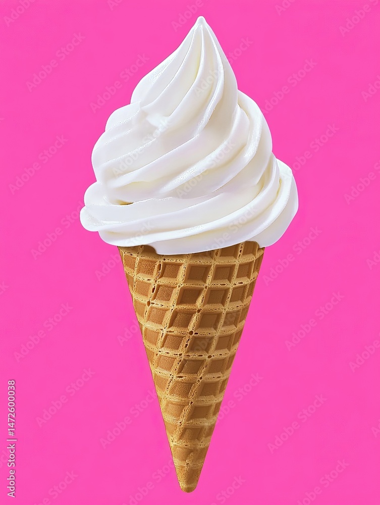 Refreshing treat: A swirled soft serve in a cone against a vivid pink backdrop, a simple, sweet delight. Refreshing treat: A swirled soft serve in a cone against a vivid pink backdrop, a simple, sweet delight.