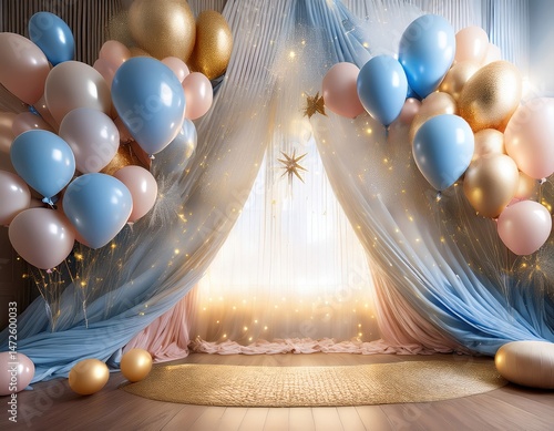Festive Birthday Party Setup with Pastel Balloons and Draped Fabrics Perfect for Baby Shower or First Birthday