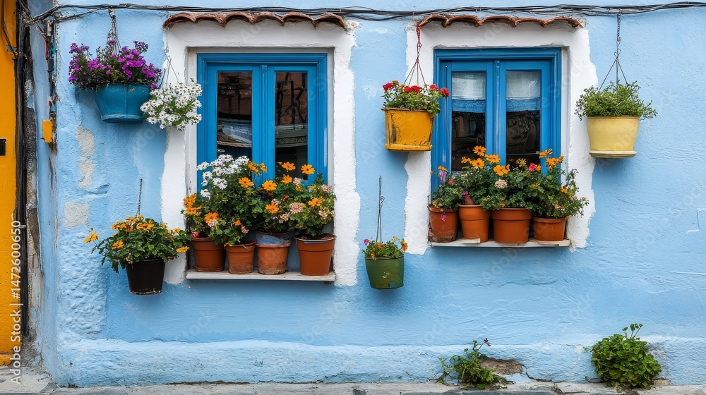 Naklejka premium Houses in Bozcaada have colorful walls and windows. They have pots with flowers hanging on them.